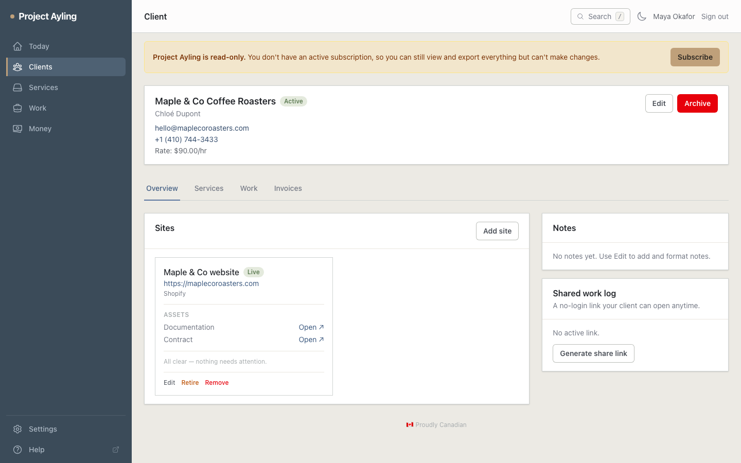A client detail page showing sites, services, and attention items