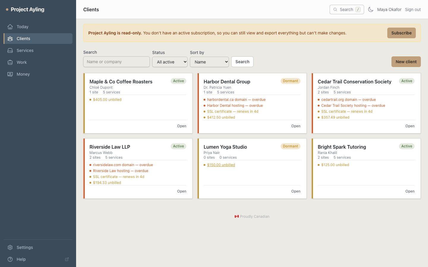 The Clients screen showing client cards with attention indicators