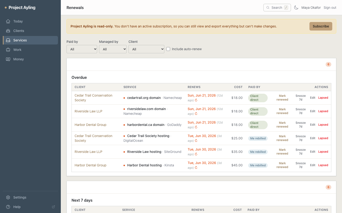 The Renewals screen showing services grouped by urgency – overdue, next 7 days, next 30 days
