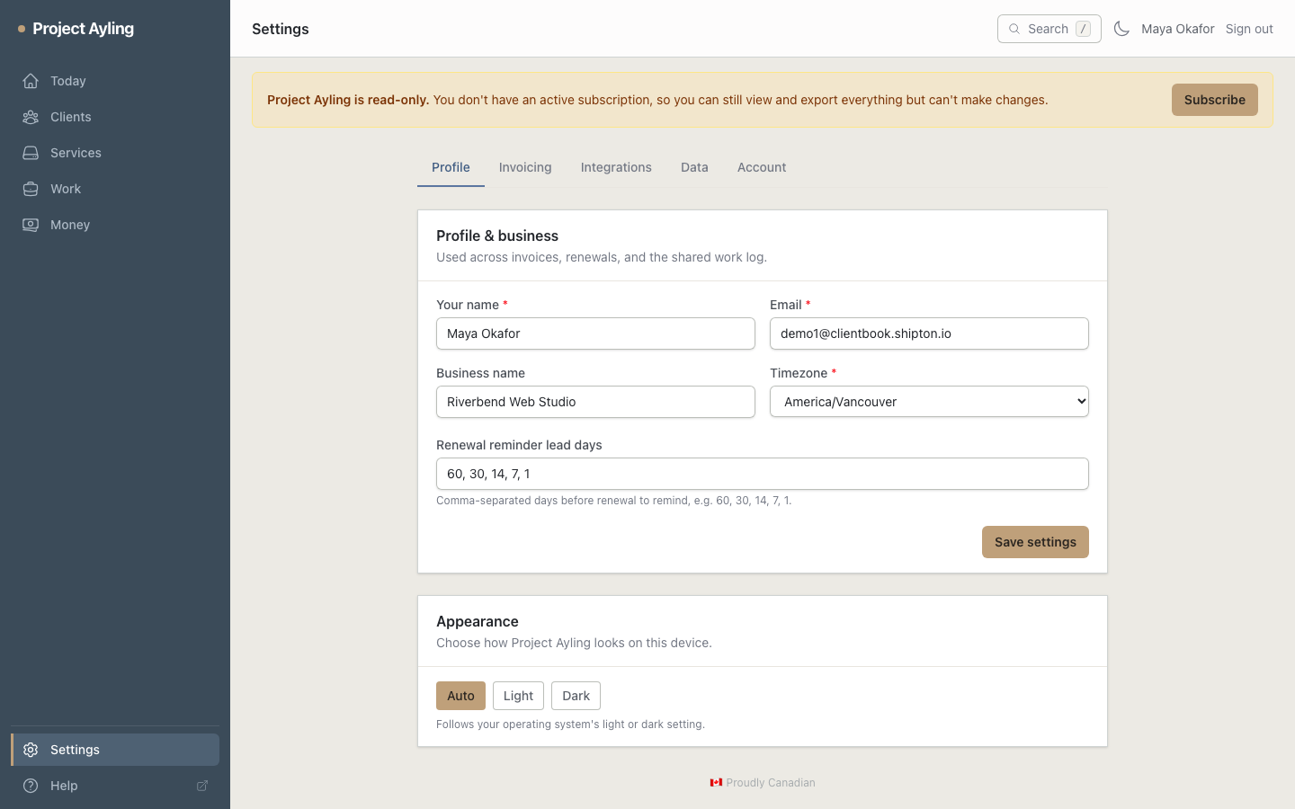 The Settings page showing the Profile tab with billing defaults and reminder lead days
