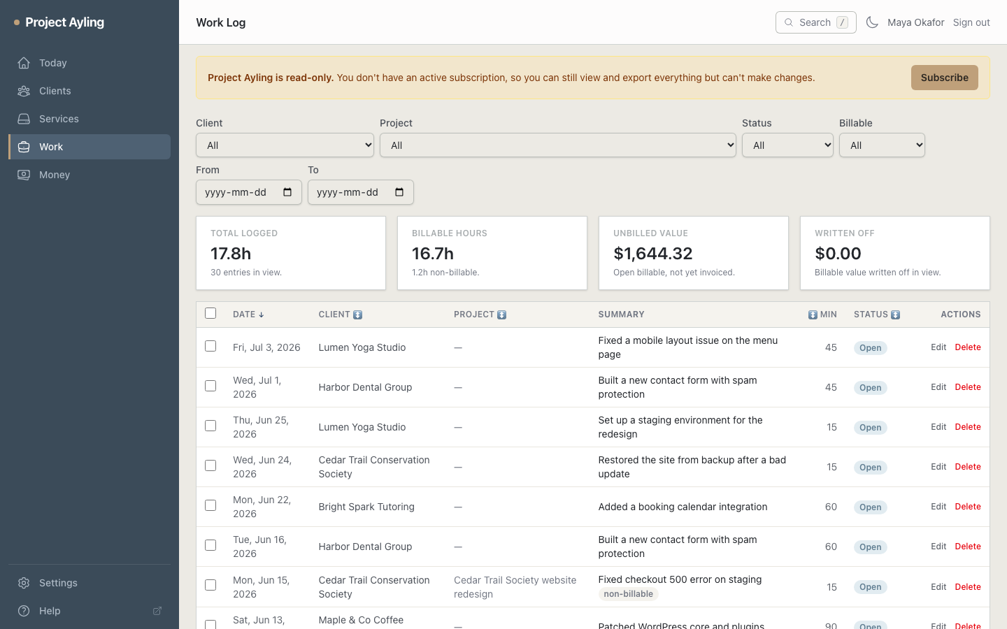 The work ledger showing logged entries with filters for client, project, and status