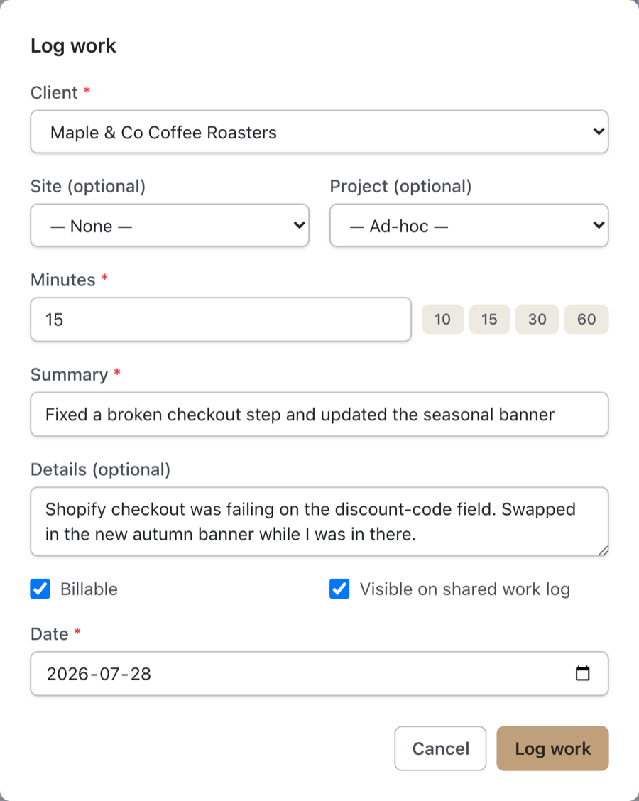 Yven's Log work form, filled in for Maple & Co Coffee Roasters with minutes and a summary of the work done